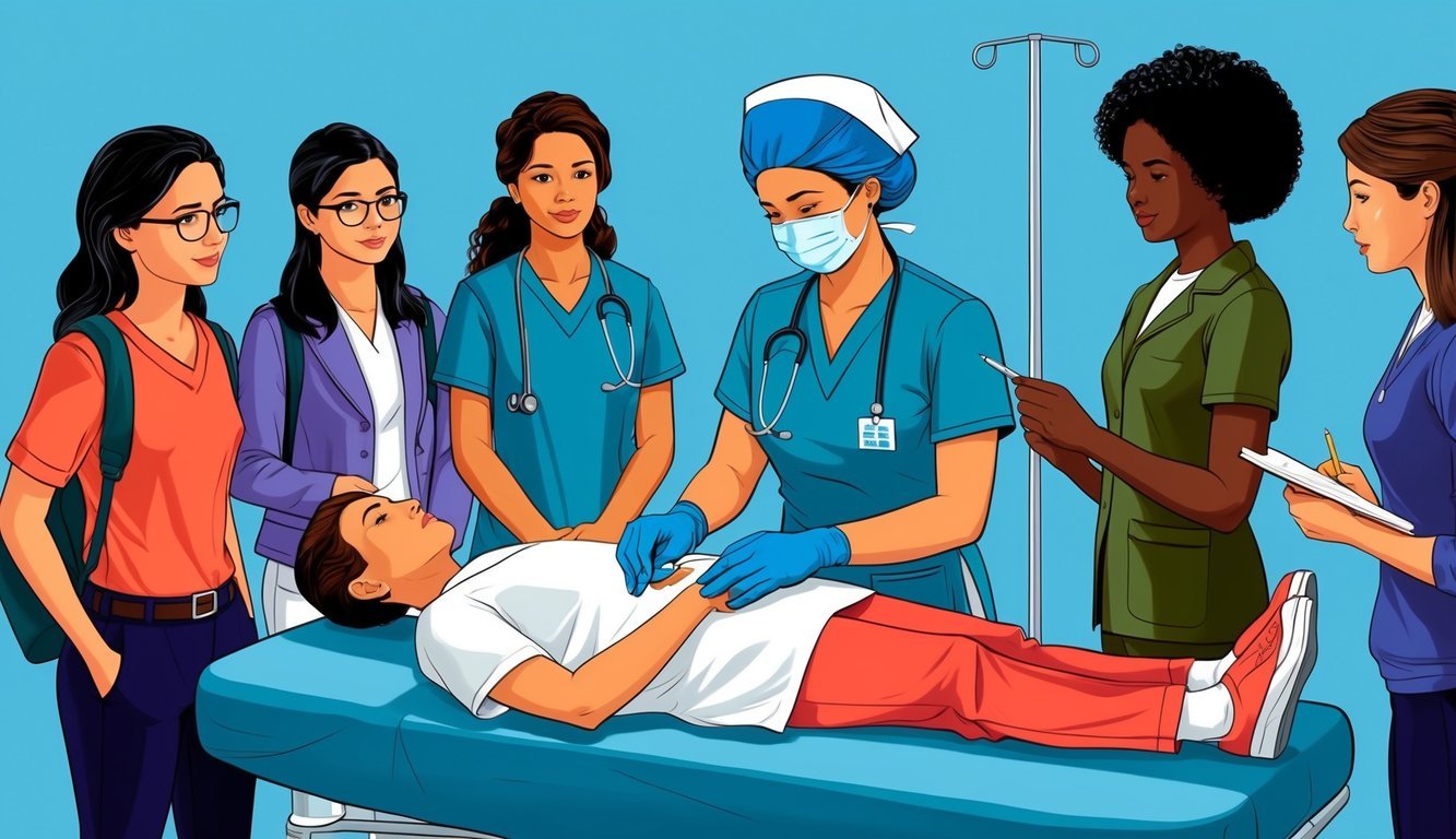 A nurse in scrubs performs a clinical procedure while a group of students observe and take notes