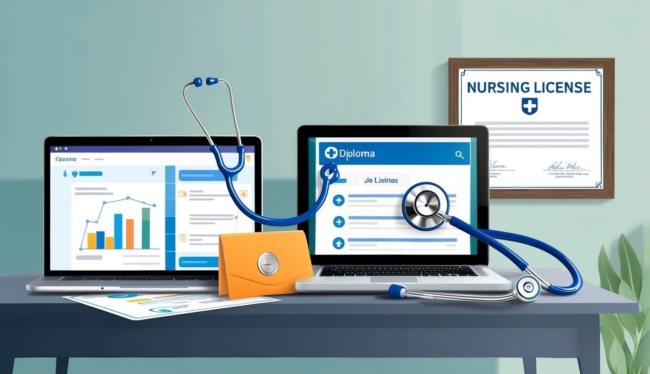 A stethoscope and a diploma on a desk with a laptop showing job listings and a nursing license certificate hanging on the wall