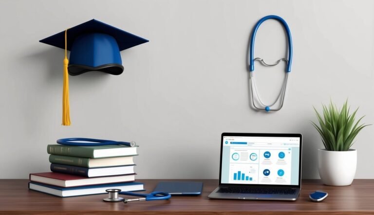 Graduation cap, stethoscope, books, and laptop on a desk, medical education concept