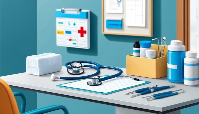 Medical office desk with stethoscope, clipboard, and medical supplies