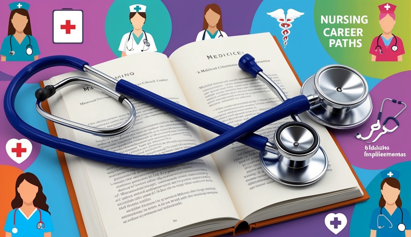 A stethoscope resting on an open book with medical symbols, surrounded by colorful illustrations of various nursing career paths