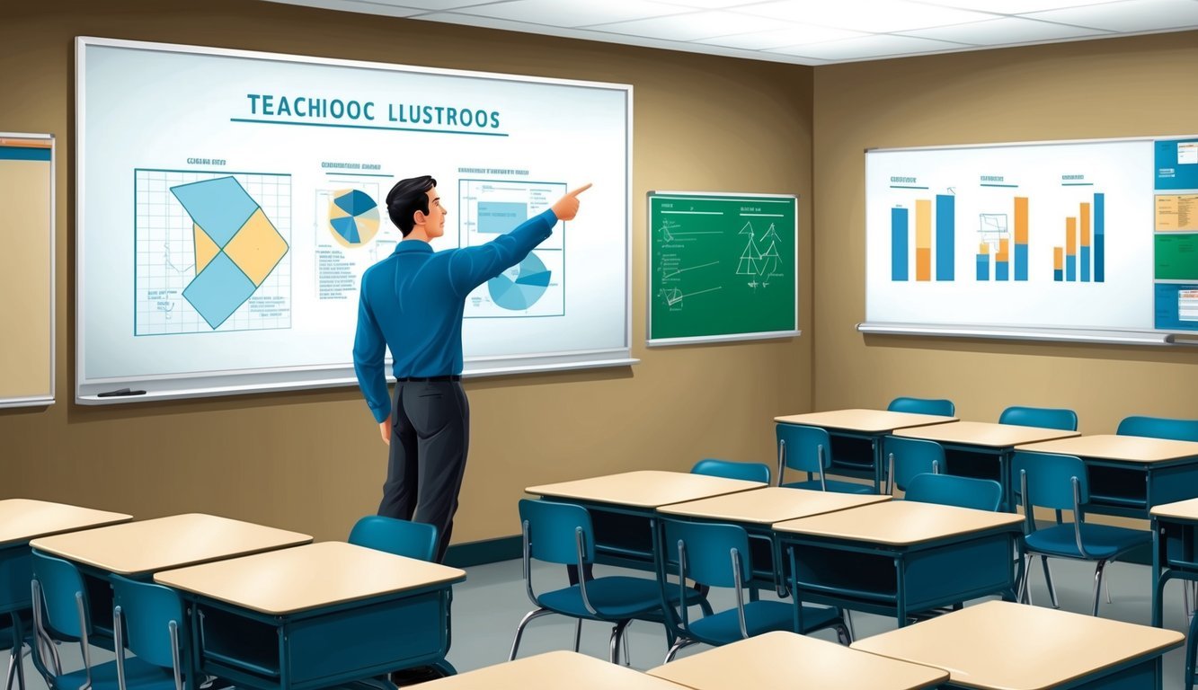A classroom with a whiteboard, desks, and chairs.</p><p>A teacher stands at the front, pointing to diagrams and charts on the board