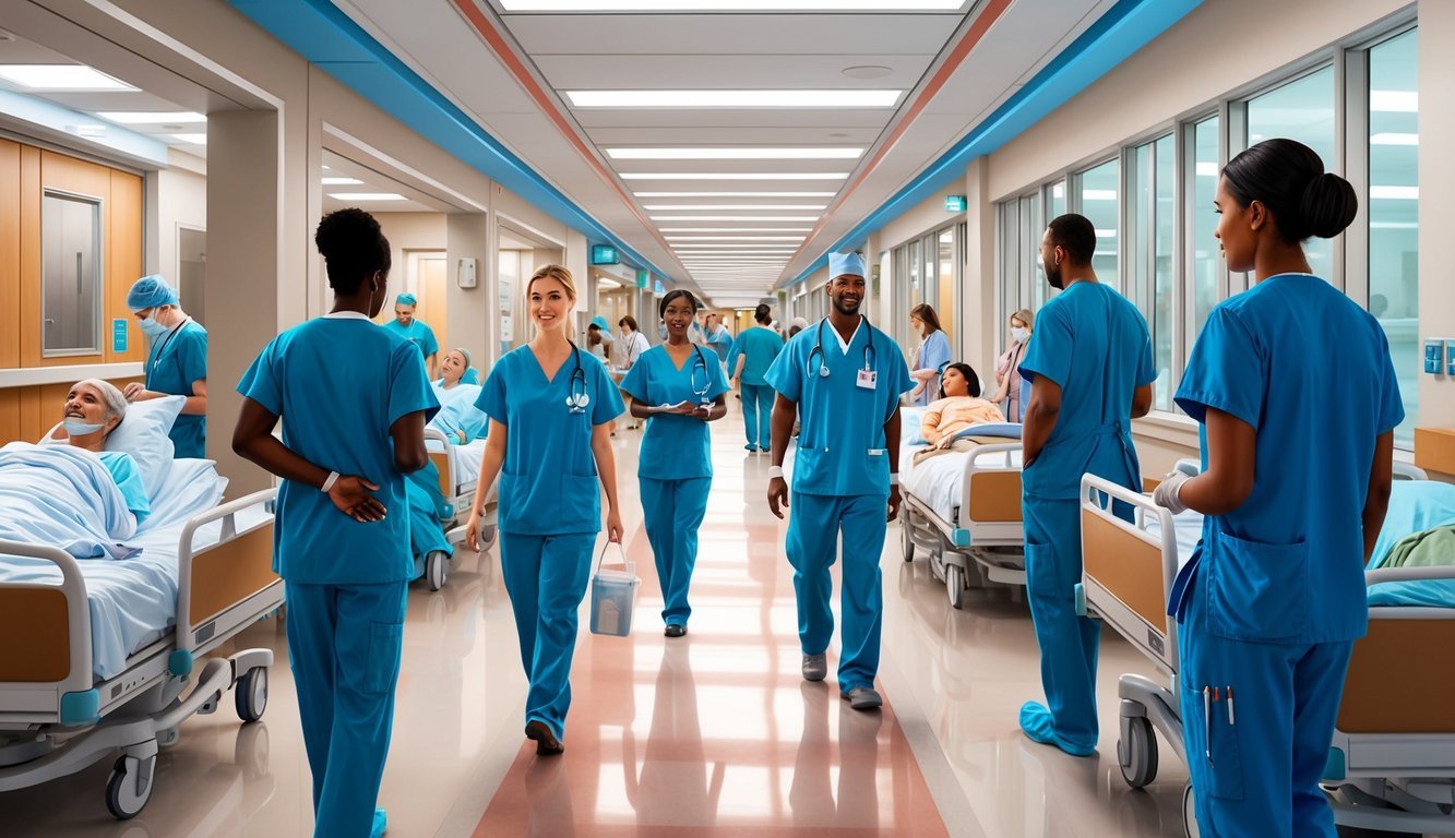 A bustling hospital hallway with medical professionals in scrubs and patients being attended to