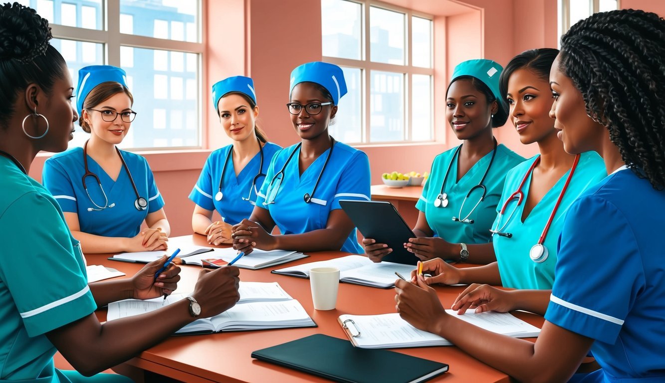 A group of nurses attend a professional development seminar, engaging in discussions and training sessions