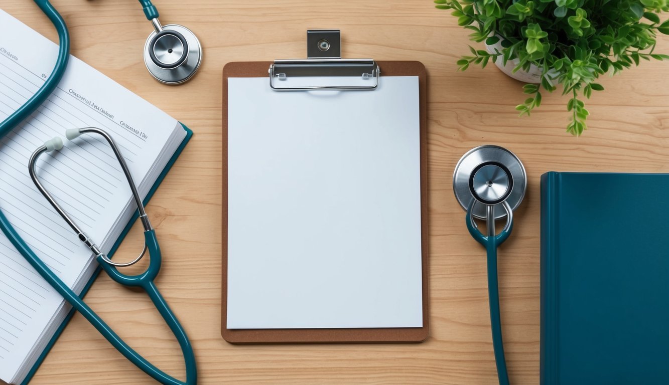 A stethoscope, clipboard, and medical reference books on a desk