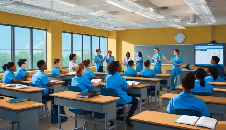 Nursing students in blue scrubs attend a lecture in a classroom