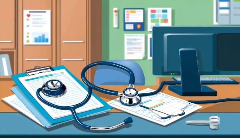 Doctor's office desk with stethoscope, clipboard, computer, and medical tools