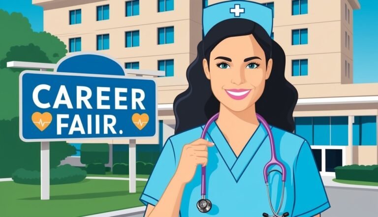 Nurse stands in front of a career fair sign and hospital building