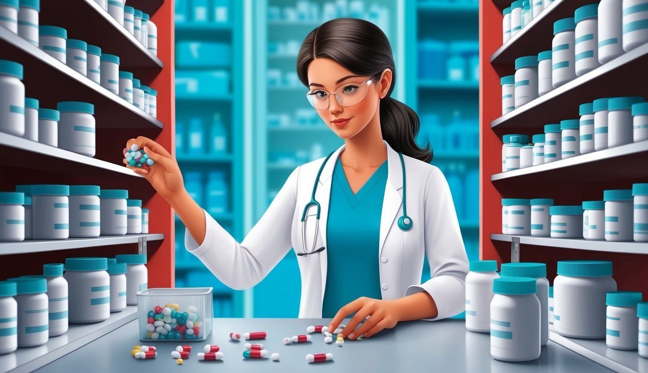Pharmacist in white coat with pills, surrounded by medicine bottles on shelves