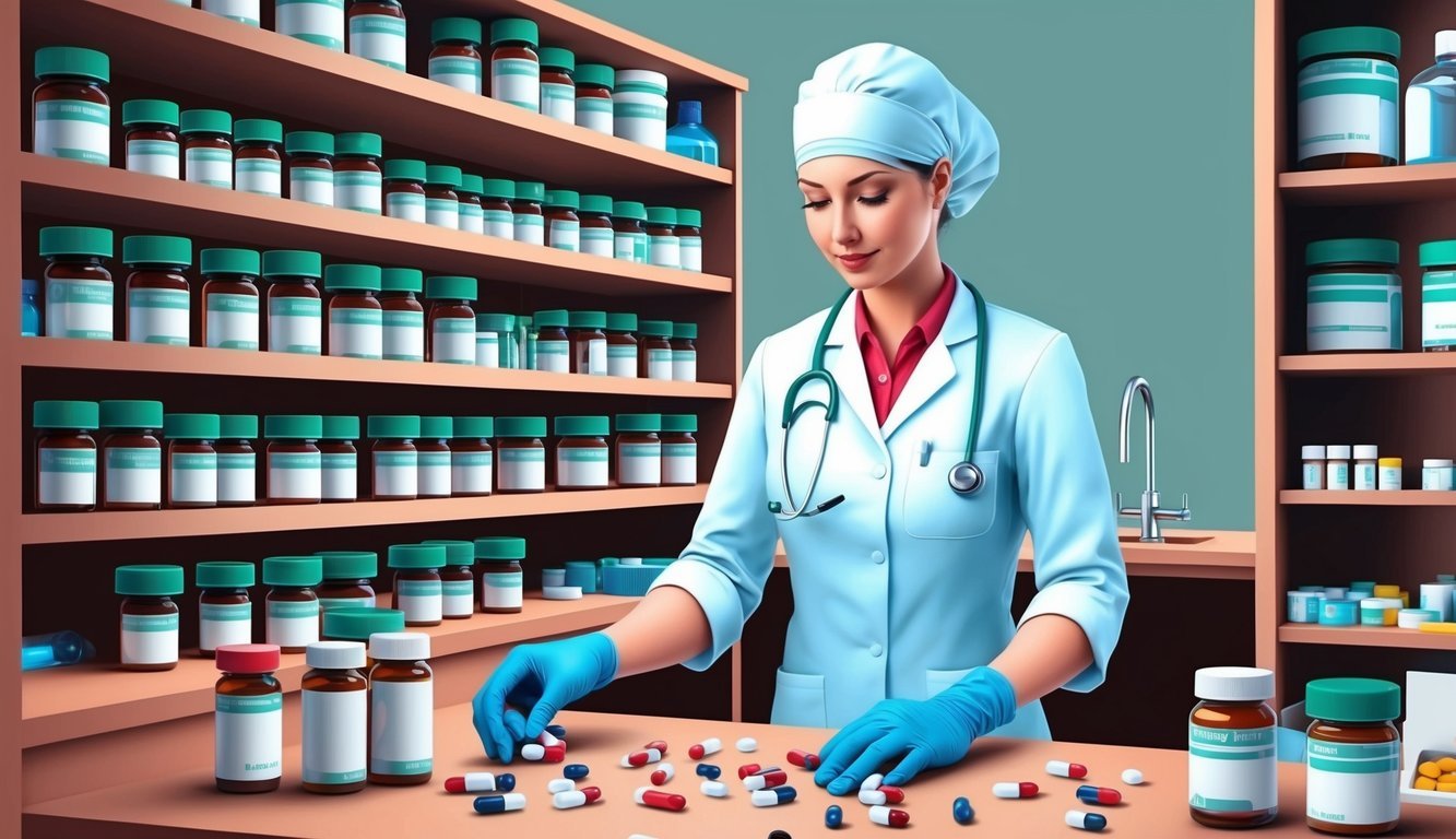 A pharmacy technician counting pills and organizing medication bottles on shelves