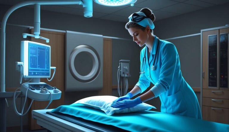 Nurse in blue scrubs prepares a bed in a sterile operating room