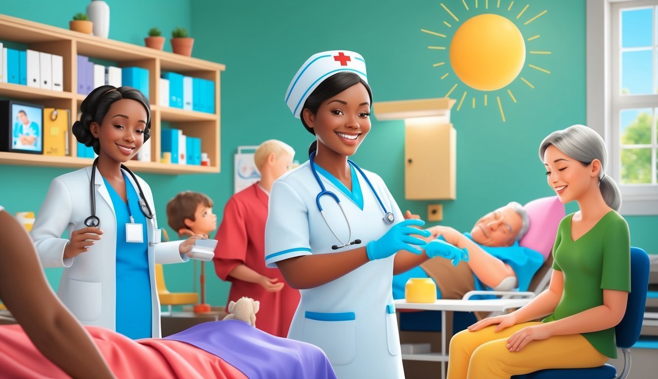 Smiling nurses and patients in a bright, colorful hospital room