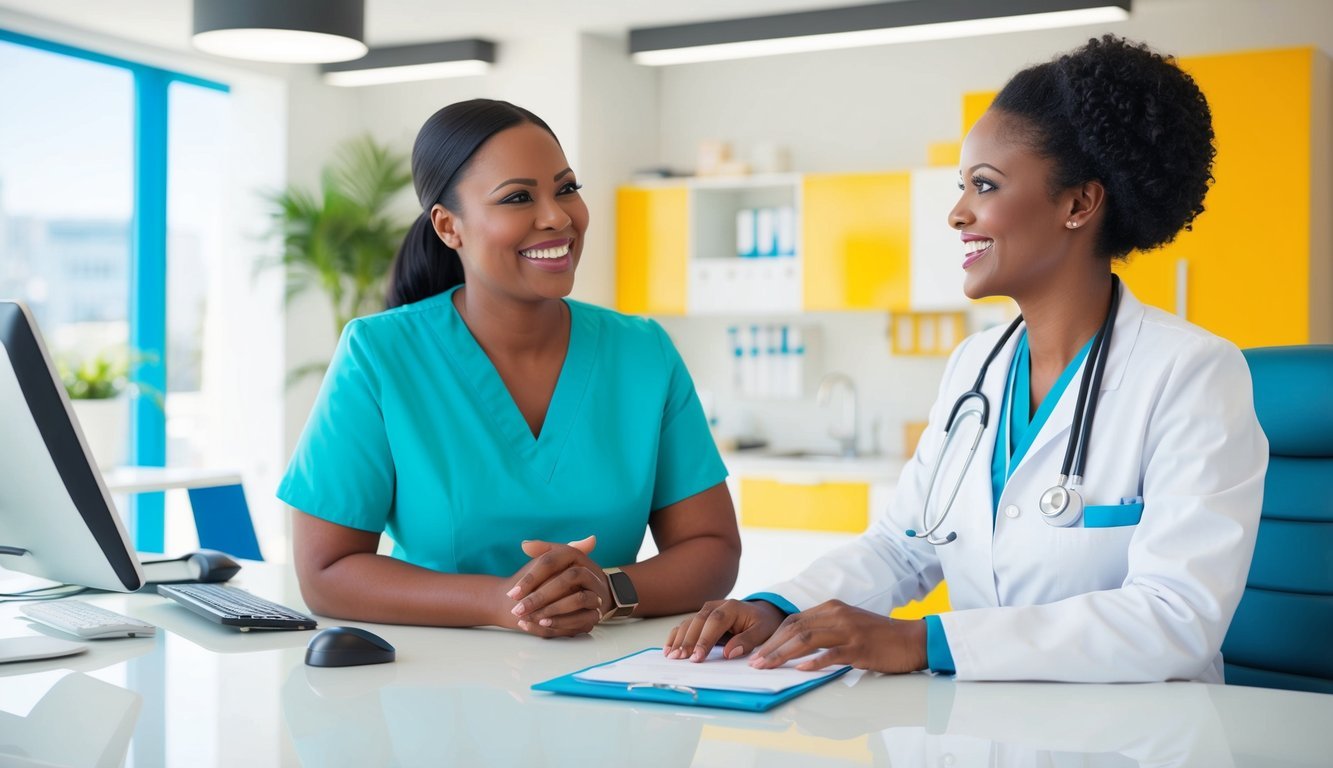 A nurse practitioner in a bright, modern clinic, consulting with a smiling patient.</p><p>Medical equipment and a computer are visible in the background