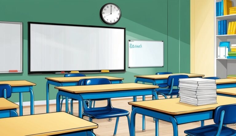 Empty classroom with desks, whiteboards, clock, and a stack of papers