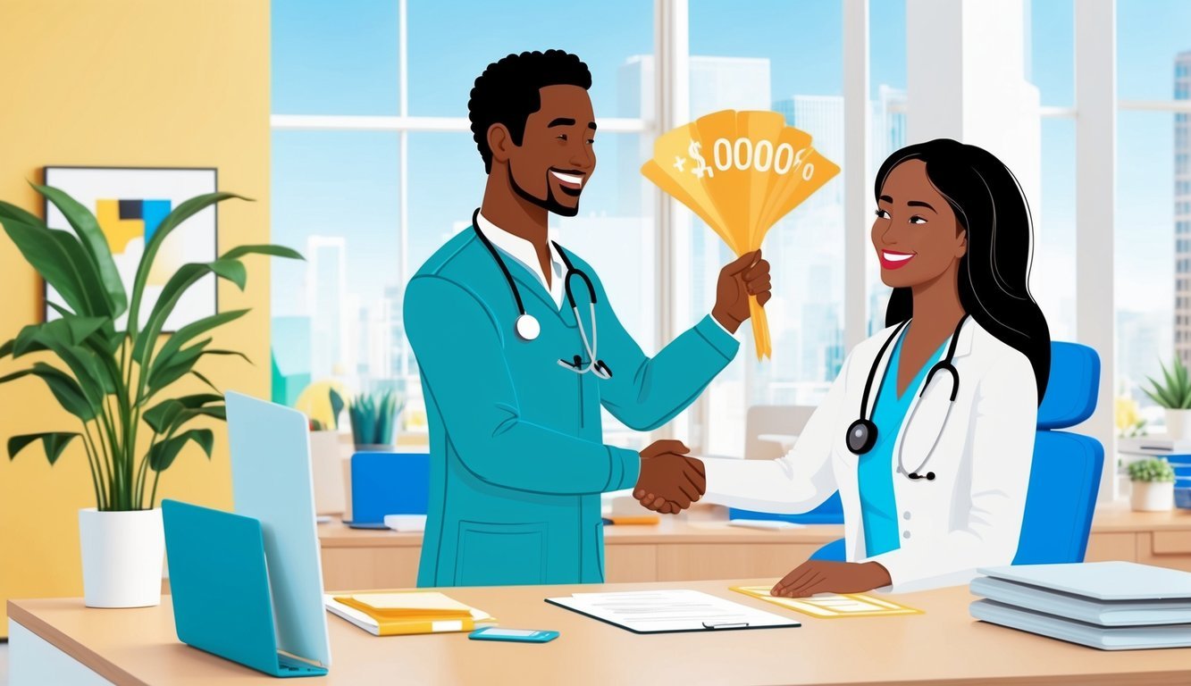A nurse practitioner receiving a promotion and salary increase in a bright, modern office setting