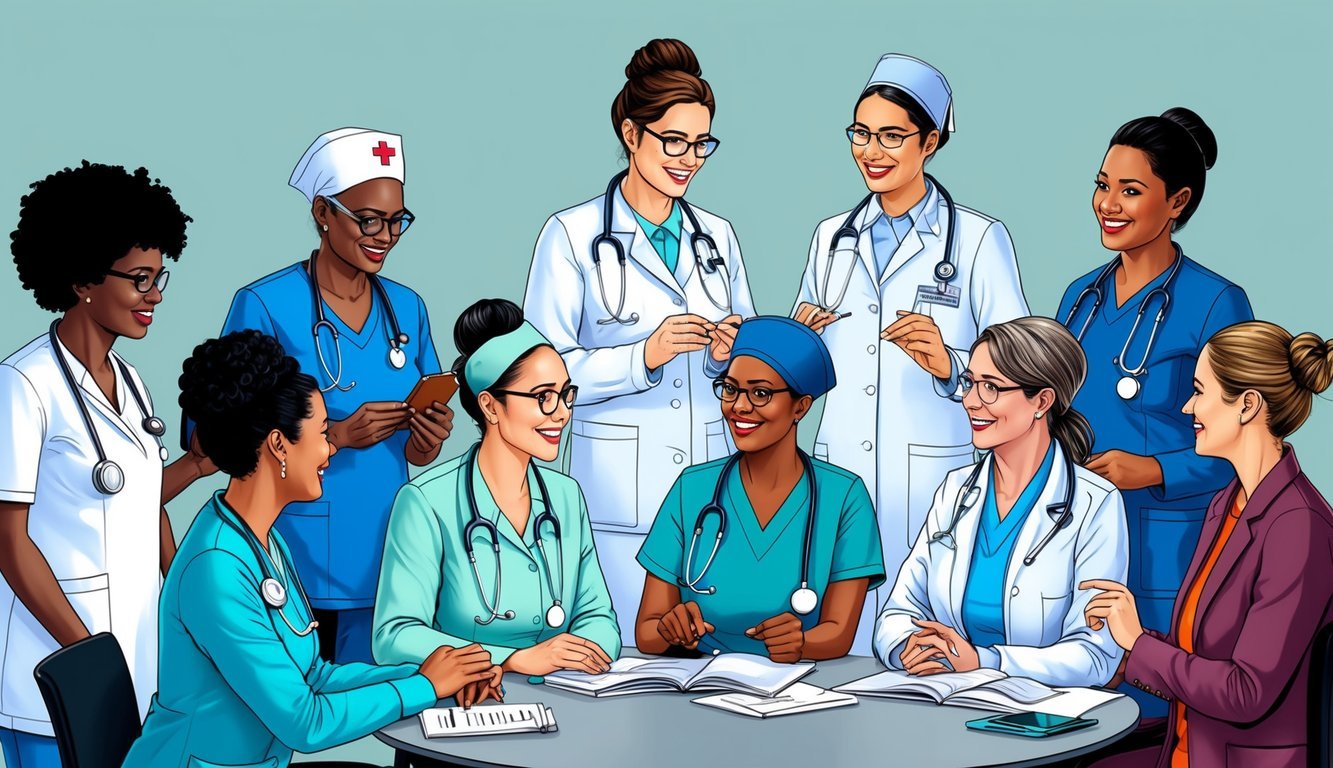 A group of nurse practitioners in various specialized fields, such as geriatrics, pediatrics, and mental health, engaging in collaborative discussions and sharing knowledge