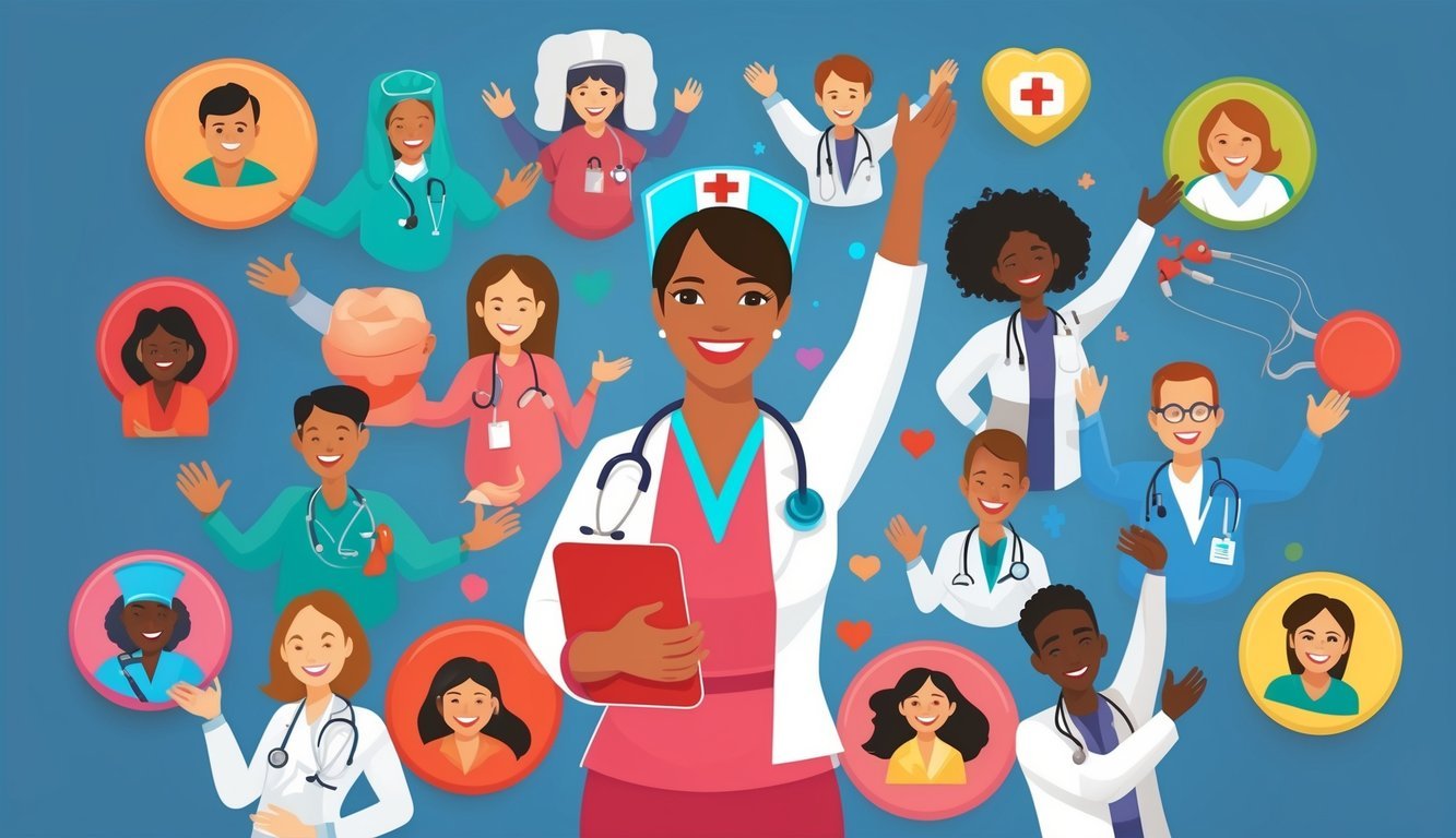 A nurse practitioner surrounded by joyful icons representing various specialties