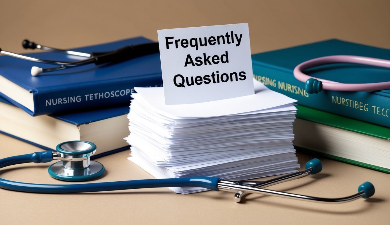 A stack of paper with "Frequently Asked Questions" on top, surrounded by nursing textbooks and a stethoscope