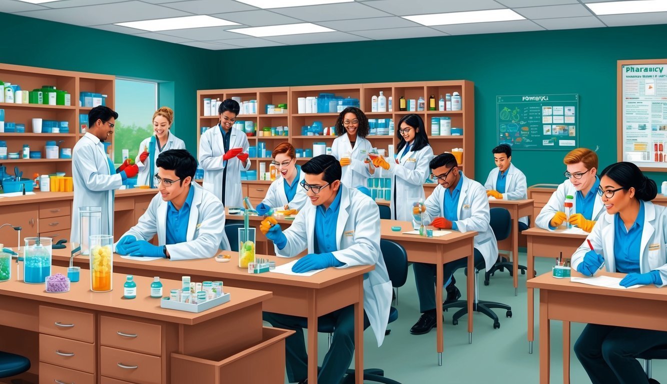 Students in lab coats conduct experiments in a chemistry classroom