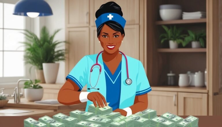 Nurse in scrubs counts stacks of money on a kitchen counter
