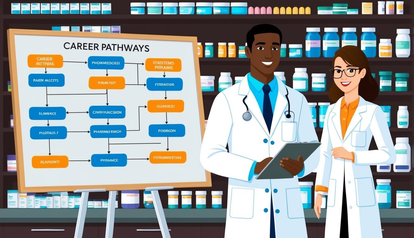 A pharmacist in a lab coat standing in front of shelves of medication, with a whiteboard displaying a flowchart of career pathways