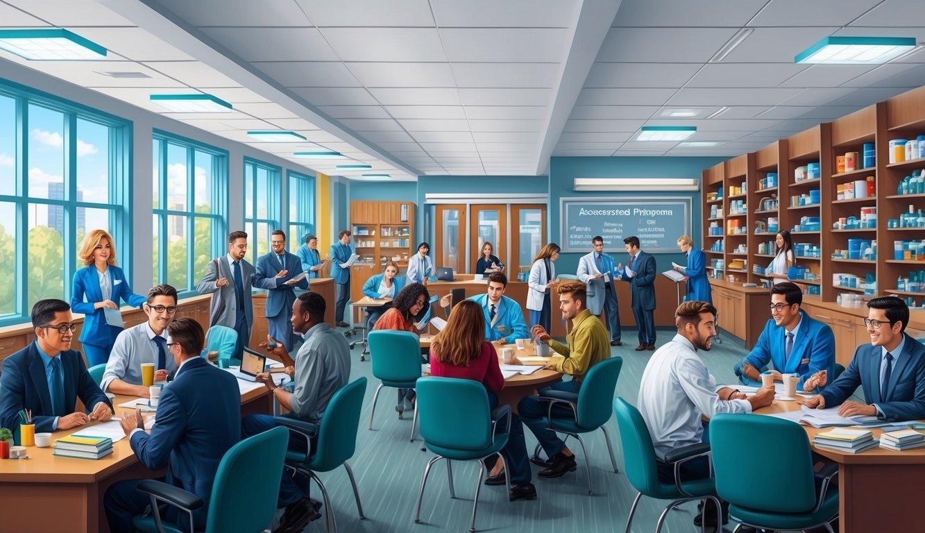 A bustling pharmacy school with students and professors engaged in lively discussions and lectures about accelerated programs