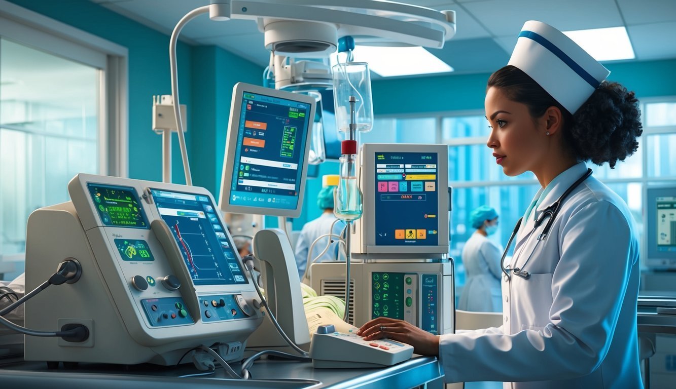 Nurse in scrubs monitors medical equipment in a hospital room