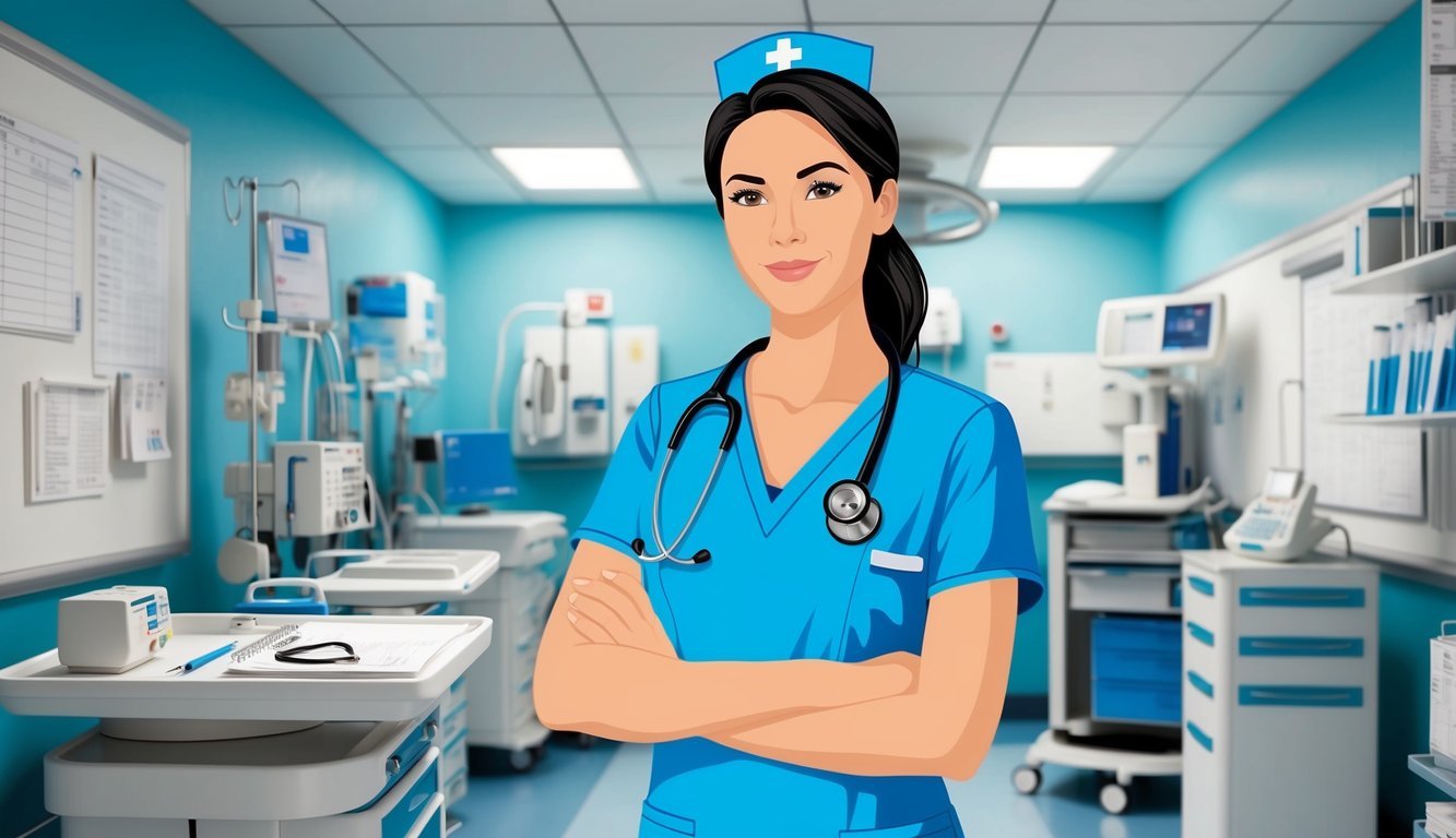 A nurse in scrubs stands in a hospital setting, surrounded by medical equipment and charts.</p><p>A stethoscope hangs around their neck