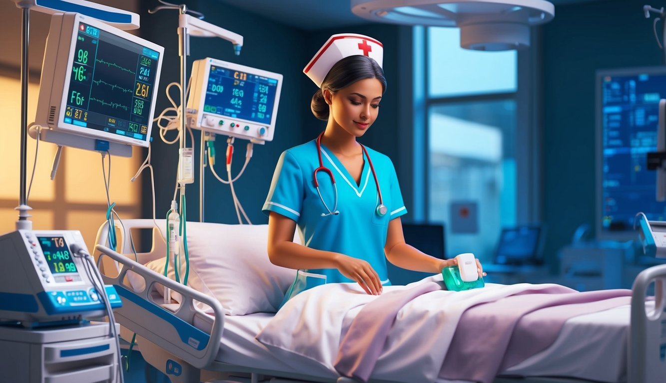 A nurse in a cvicu setting, monitoring vital signs and adjusting medical equipment
