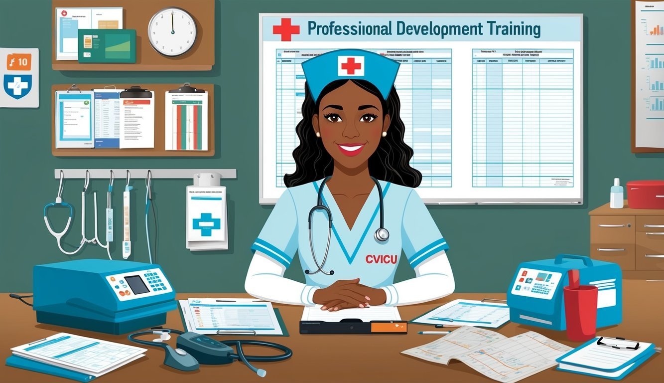 A cvicu nurse in professional development training, surrounded by medical equipment and charts