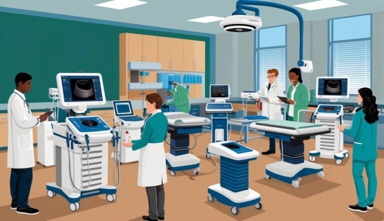 Medical professionals in an operating room with ultrasound machines and equipment