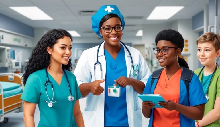 Group of smiling nurses in scrubs, standing in a hospital hallway