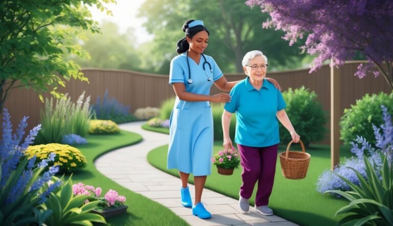 Nurse assists elderly woman walking in a garden, holding baskets of flowers