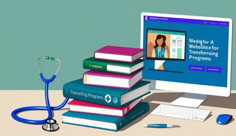 Stack of books, stethoscope, and computer screen with nursing website