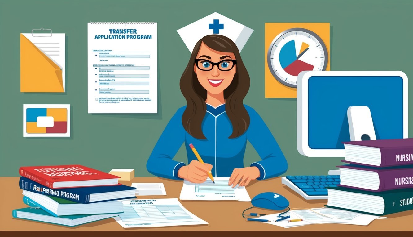 A student fills out transfer application for nursing program, surrounded by paperwork, computer, and nursing textbooks