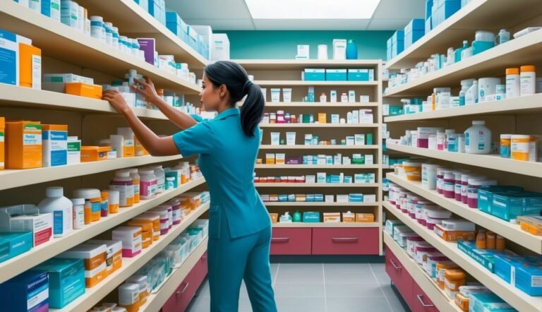 Pharmacist in blue uniform arranging medications on shelves in a pharmacy