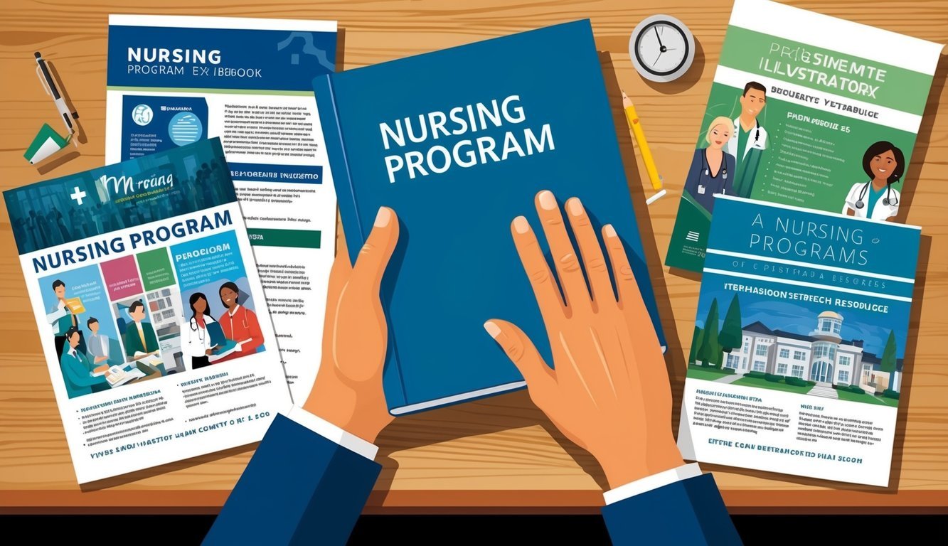 A student's hand holding a nursing textbook with various nursing program brochures spread out on a desk