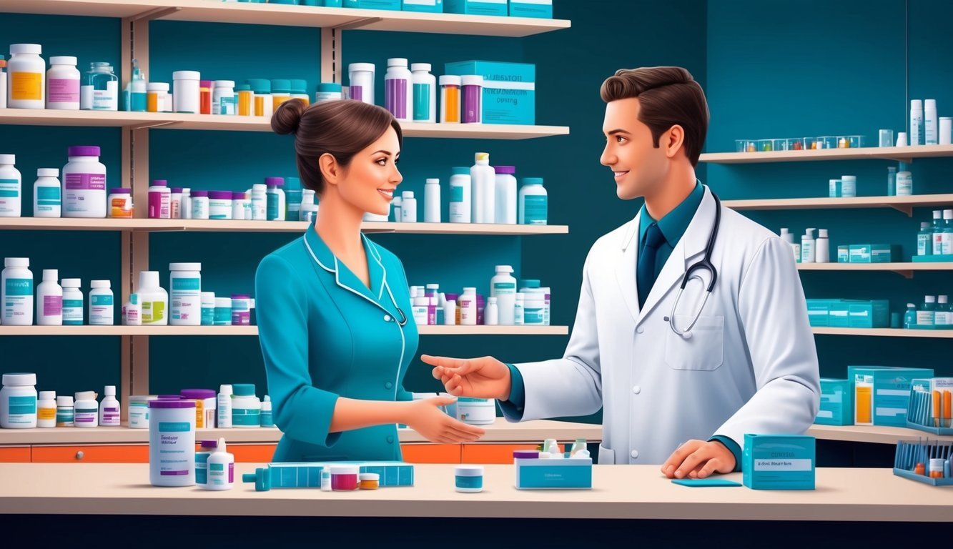 A pharmacy technician organizing shelves of medication and speaking with a customer at the counter