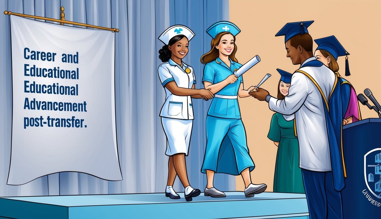 A nurse in uniform walks across a graduation stage, receiving a diploma from a university official.</p><p>A banner in the background reads "Career and Educational Advancement Post-Transfer."