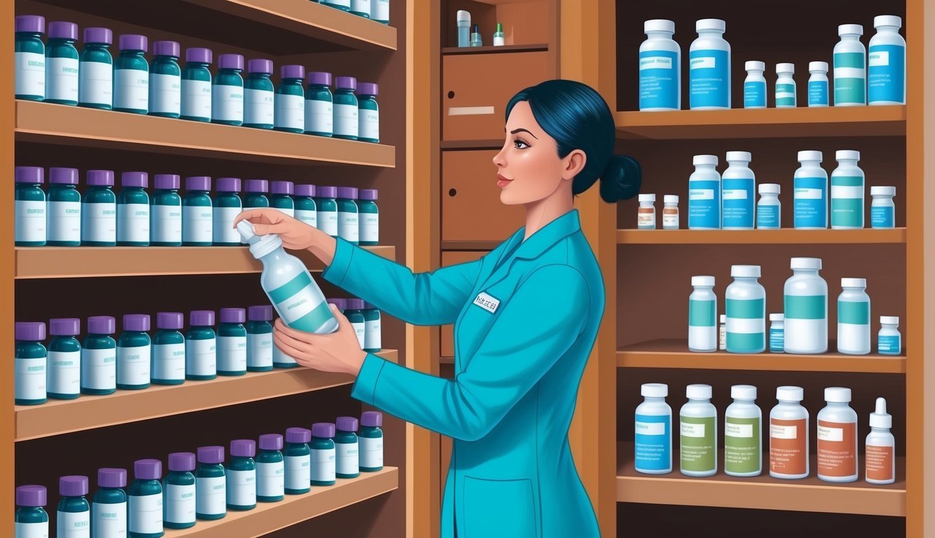 A pharmacy technician counting and organizing medication bottles on shelves