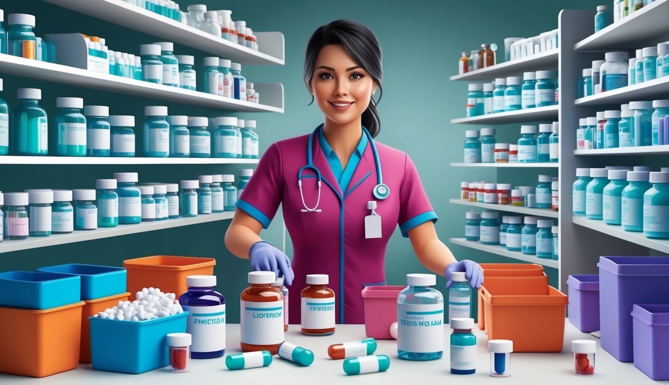 A pharmacy technician organizing medication bottles and filling prescription orders