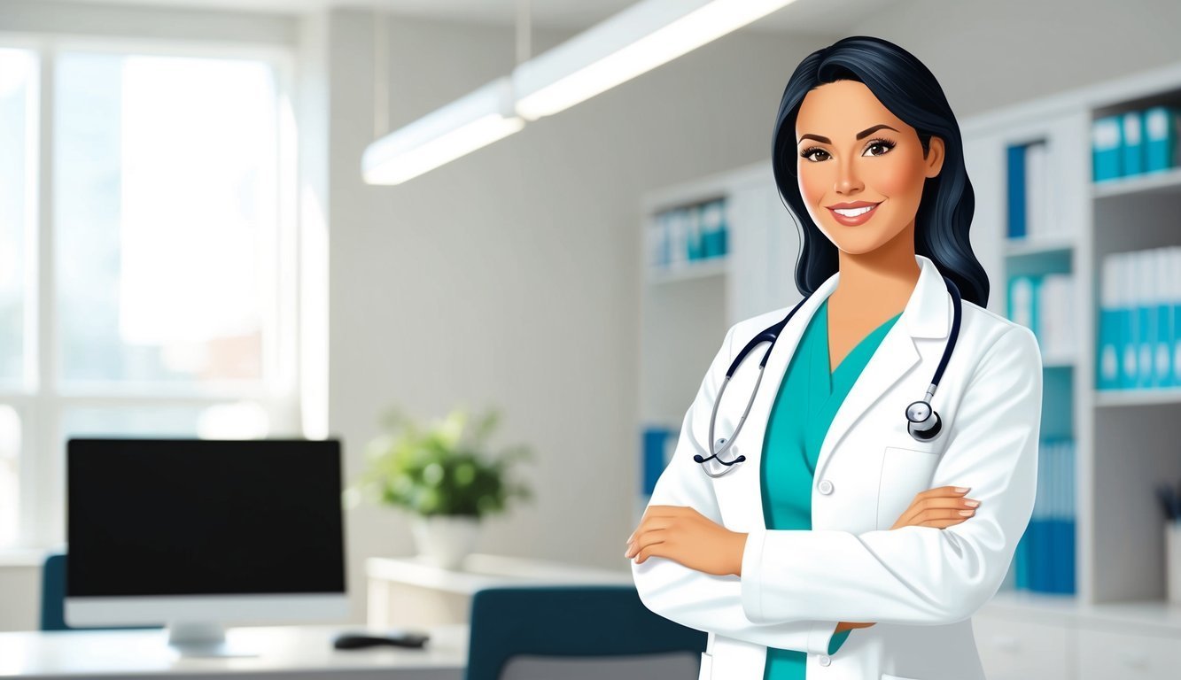 Smiling female doctor with stethoscope in a modern office setting