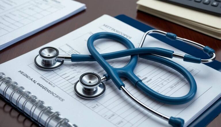 Blue stethoscope on medical forms, healthcare and examination concept