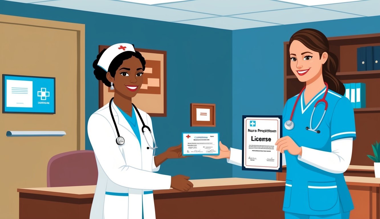 A nurse practitioner receiving a license certificate in a hospital office