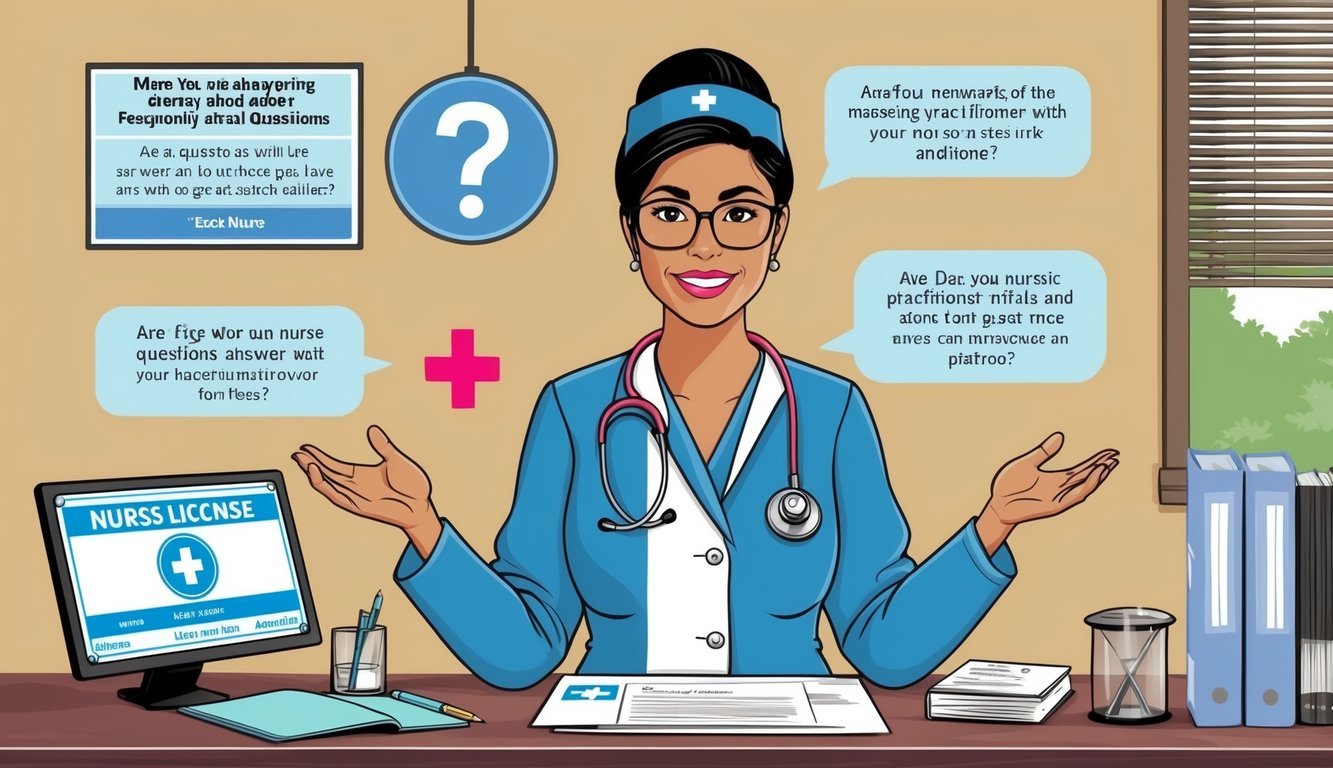 A nurse practitioner answering frequently asked questions with a license displayed on the desk