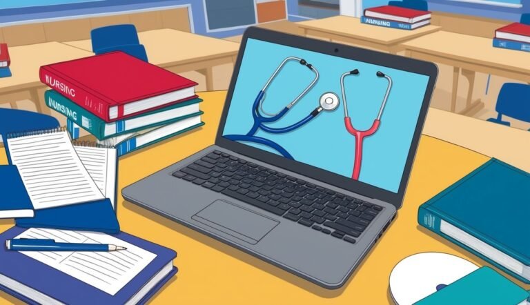 Laptop with stethoscope on screen, nursing books, and school supplies