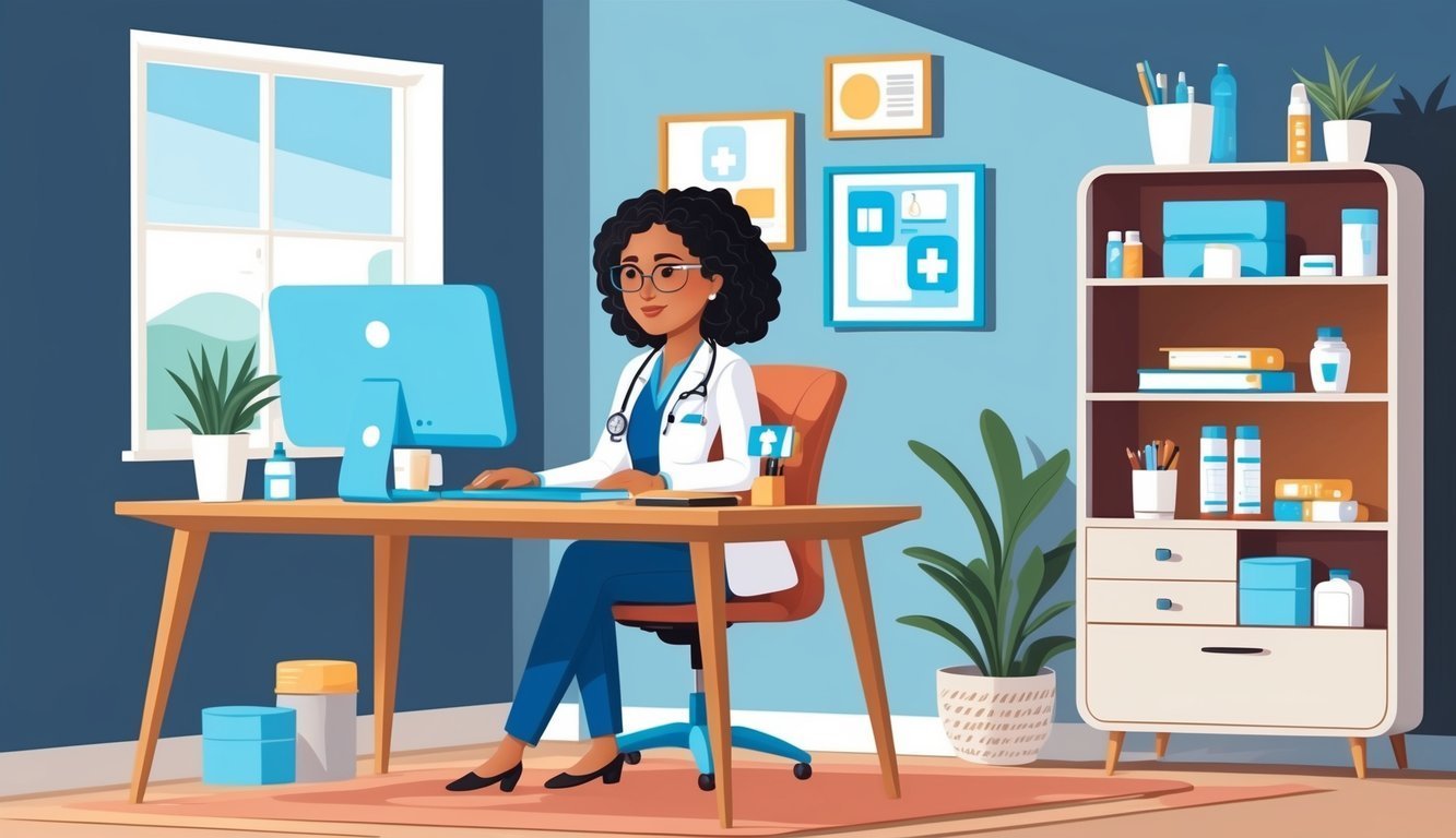 Cartoon illustration of a doctor at a desk in a medical office