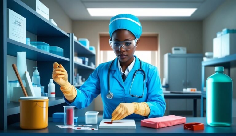 A lab worker in blue scrubs and gloves examines a sample