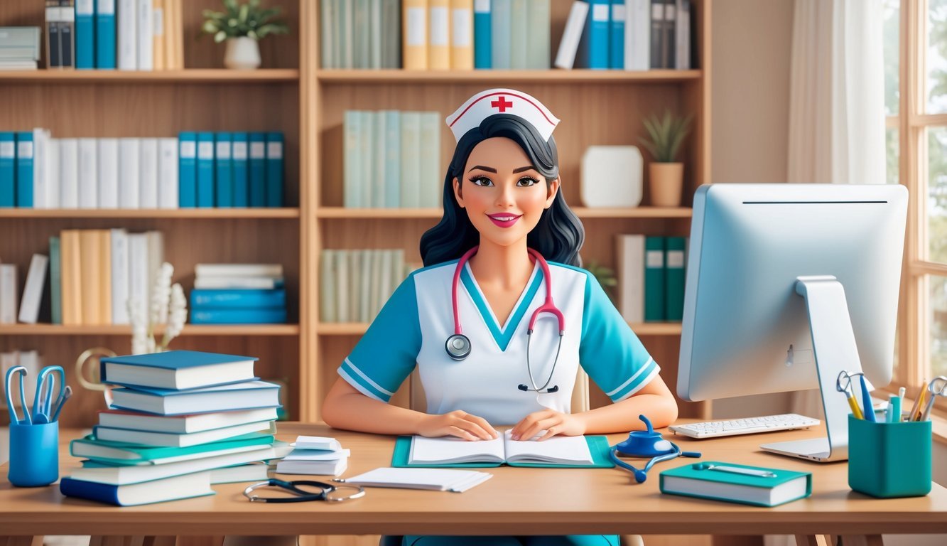 A nurse sits at a desk in a cozy home office, surrounded by medical books and a computer.</p><p>A stethoscope and medical supplies are neatly organized on the desk