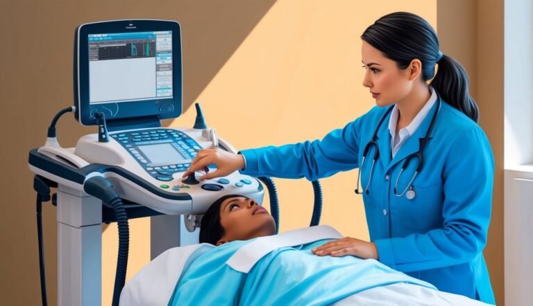 Doctor performing an ultrasound scan on a patient lying down